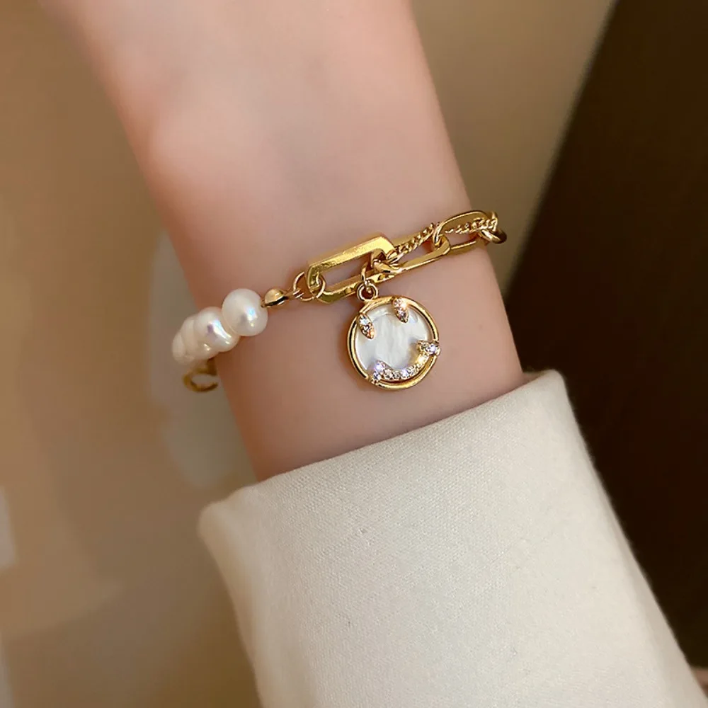 Korean Romantic Pink Baroque Imitation Pearl Beaded Smiling Face Slider Adjustable Bracelet for Women Lucky Blessings Jewelry
