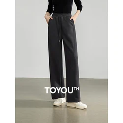 TOYOUTH Women Casual Pants 2024 Autumn Winter New Cotton Elastic Waist Drawstring Straight Wide Leg Casual Pants