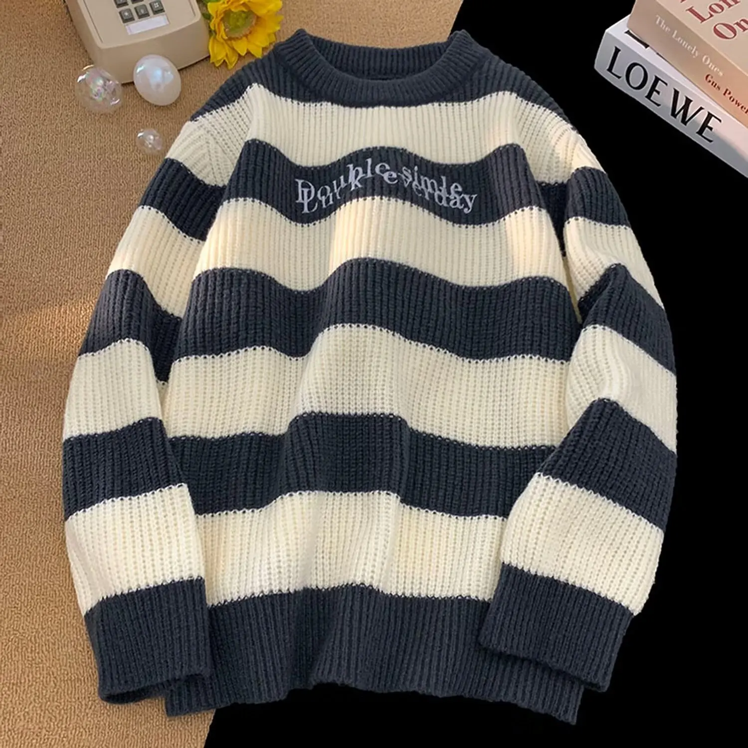 

Полосатый цветной трикотаж ex, осенне-зимний высококачественный свитер, свободный крой, длинный свеч, круглый хлопковый молодежный тренд