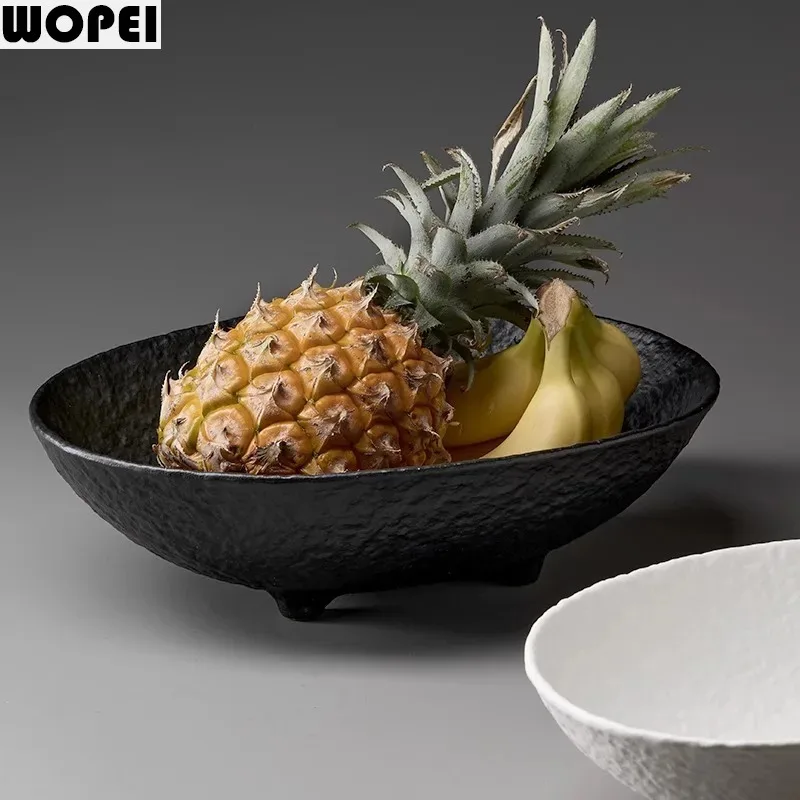 Solid Color Ceramic Stone Patterned Fruit Tray Four Legged Snack Dry Fruit Tray Beveled Edge Fruit Plate High Foot Dessert Plate