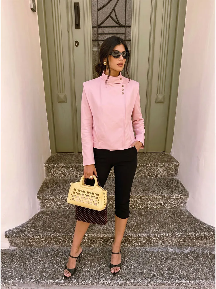 HH Women Summer Old Money Romantic Pink Tailored Jacket Spring Stand Collar Asymmetric Button Cropped Lightweight Outerwear