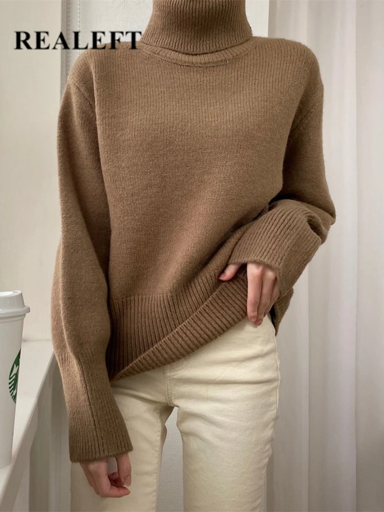 

REALEFT Autumn Winter Solid Women's Turtleneck Sweater 2022 New Casual Loose Knitted Sweaters Long Sleeve Ladies Pullover Female