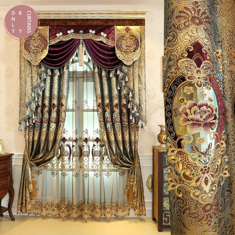 Luxury Embroidered Curtains for Living Room Curtains for Bedroom Golden Velvet Modern European Valance Windows Backdrop Tulle