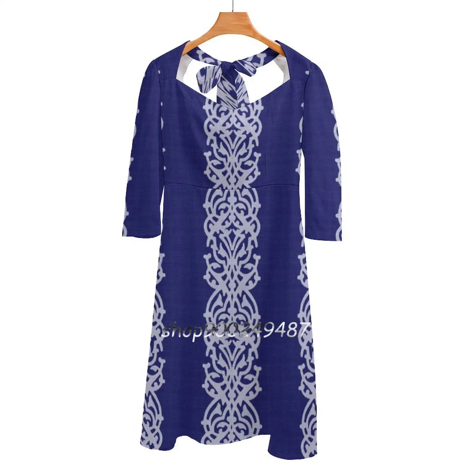 Indigo Large Arabesque Square Neck Dress Cute Loose Print Dresses Elegant Beach Party Dress Indigo Indigo Blue Blue White White