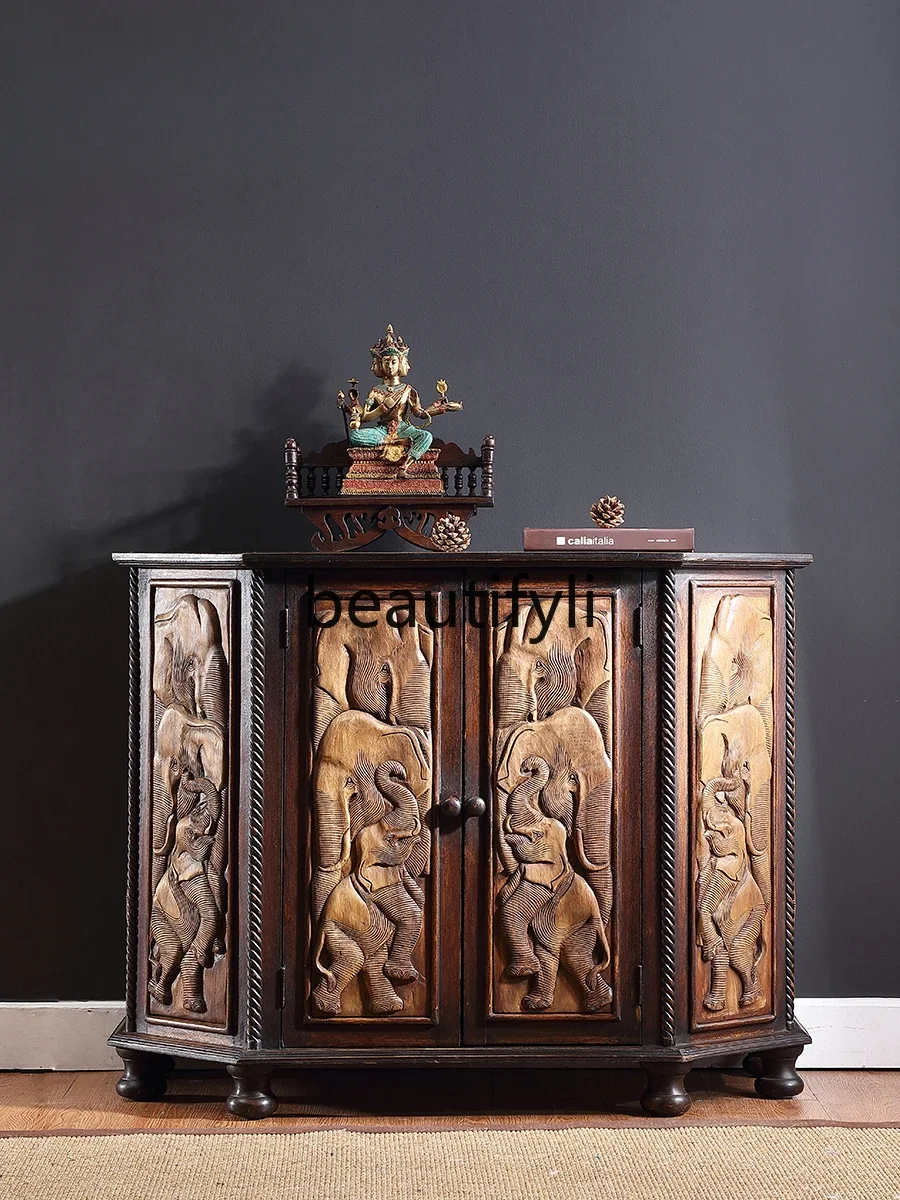 

Thai Elephant Embossed Teak Cabinet Entrance Cabinet South East Asia Style Solid Wood Furniture Decorative Storage Cabinet