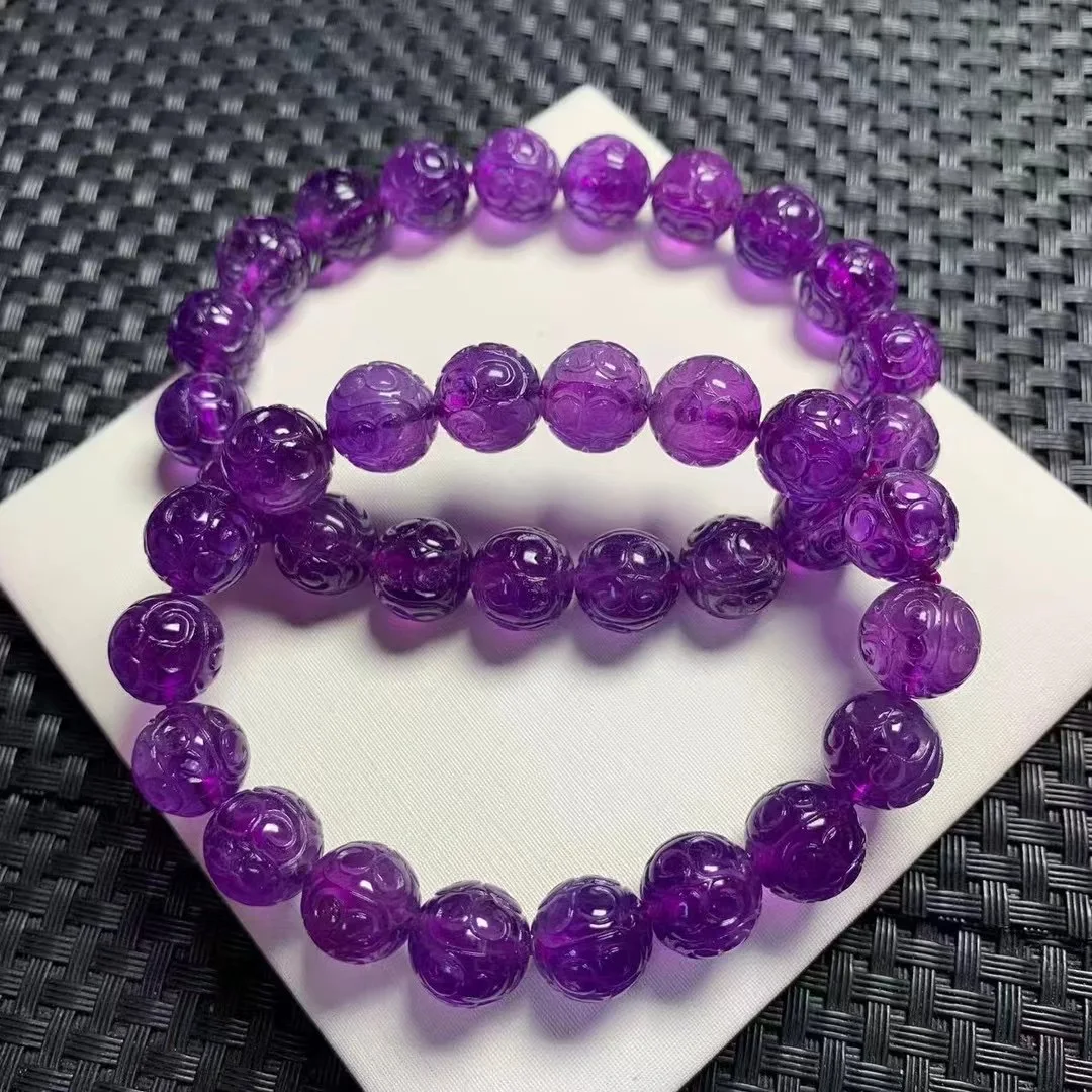 

1 Pc Fengbaowu Natural Amethyst Bracelet Engrave Fret Pattern Beads Crystal Reiki Healing Stone Fashion Jewelry Gift Women