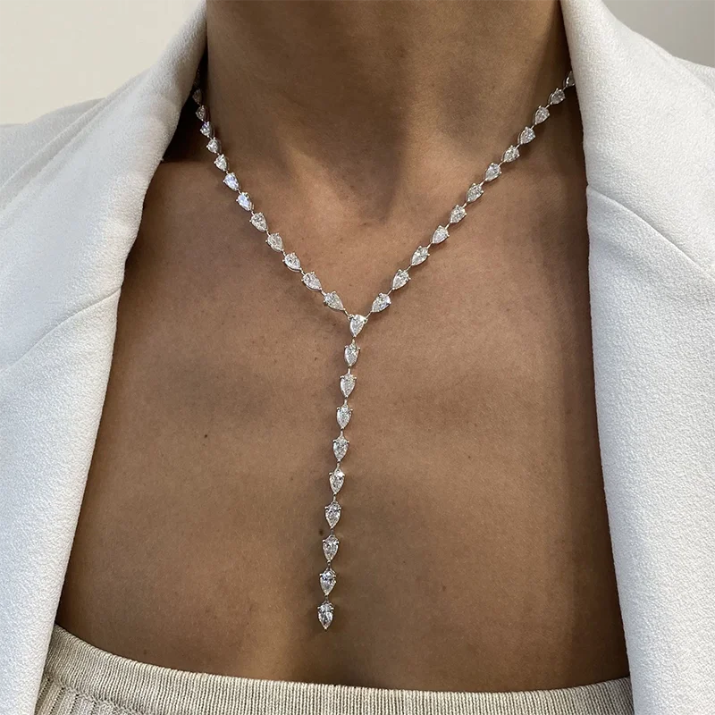 Luxurious Tennis Necklace 14.8 Ctw Pear Cut HPHT Lab Grown Diamond DEF/VS VVS 14K 10K Gold Jewelry Lariat Necklace For Women