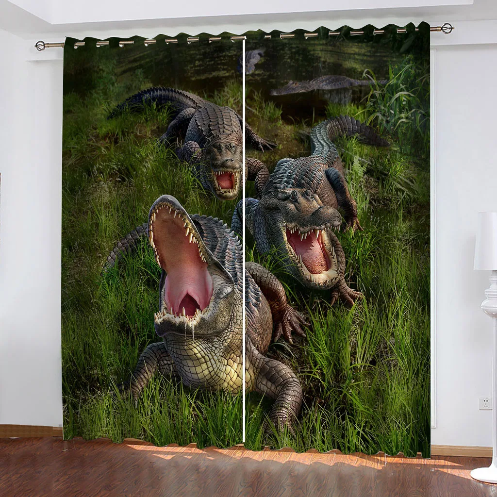 HUANZHUANG Curtains For Living Room Eyelet Grass Crocodile Pattern Blackout Curtain Thermal Insulated 2 Panels Printing Ring