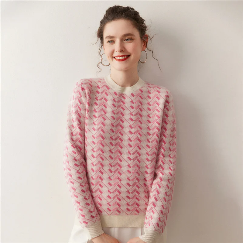 

Women Autumn Winter O-neck Jacquard Pullover Blouse 100% Pure Cashmere Sweater Woman Casual Soft Thick Warm Knit Top Shirt