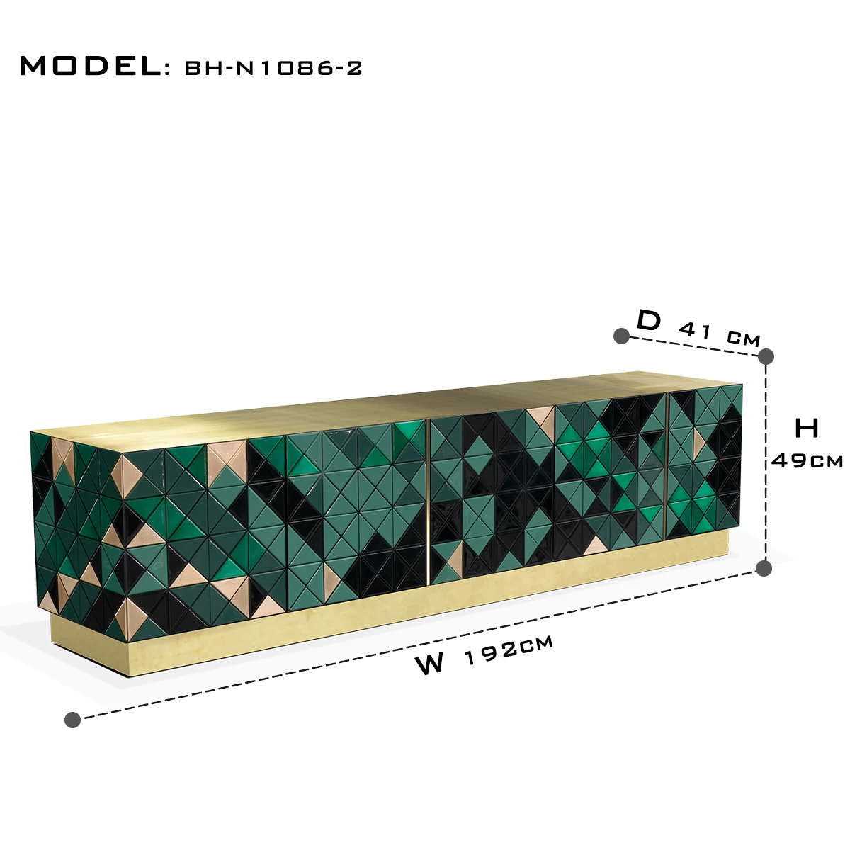Mobile TV Triangle Pioneering: composizione verde, ripiano in vetro bronzo, base in ottone lucido