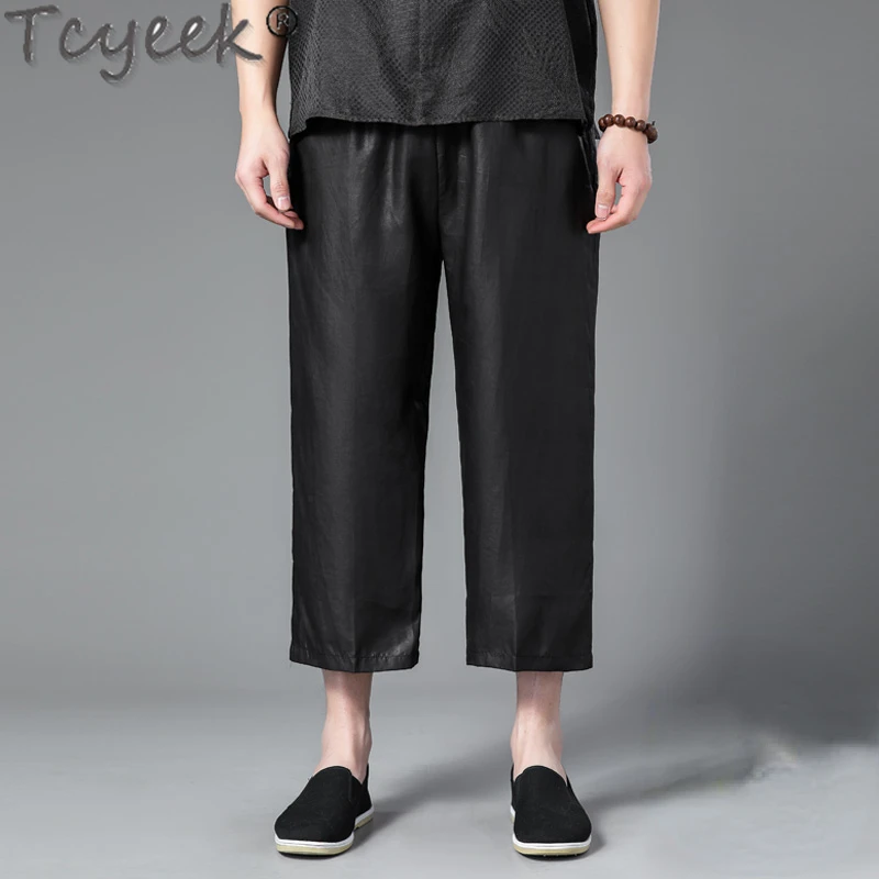 Tcyeek 100% Real Silk Pants Casual Pants Calf-length Trousers for Men Clothes Summer Mens Pants Thin Style 2024 Pantalon Homme