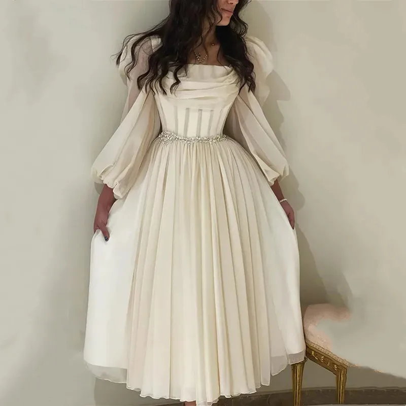 

Простое вечернее платье из тюля цвета слоновой кости с длинными рукавами и квадратным воротником для выпускного вечера длиной до щиколотки, плиссированные вечерние платья из бисера по индивидуальному заказу