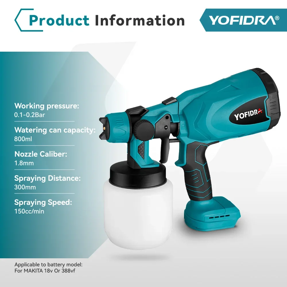 Yofidra 800ML Cordless Spray Gun High Power Electric Paint Sprayer Capacity Household Easy Paint Sprayer For Makita 18V Battery