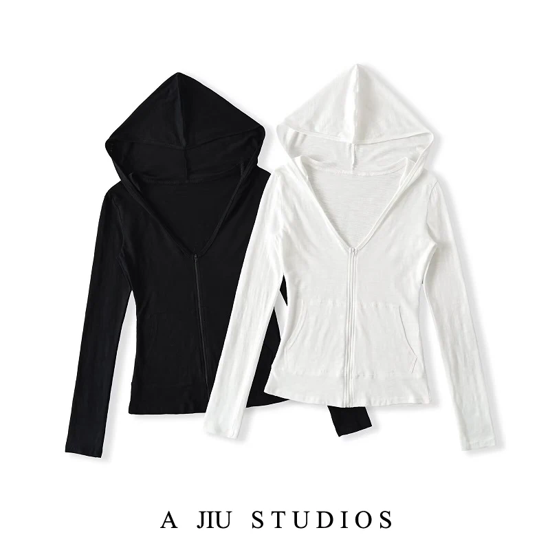 

Retro American White Long Sve Women's Summer Thin Casual Hoodie Outerwear Cardigan Jaet Breathable Street Sle Cotton