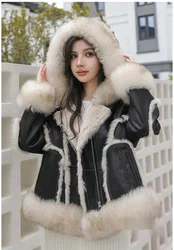 2024Winter Jackets For women  Naturally Real Rabbit Fur Lining Sheepskin Neck Hooded Warm Short Leather Jackets luxury Coat