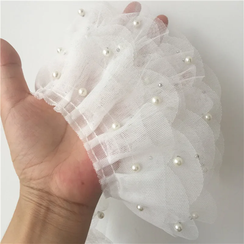 Laço de tule moderno para vestido de casamento, renda 3D branca, aplique nupcial, miçangas glitter, babados, roupas de costura, suprimentos guipura,