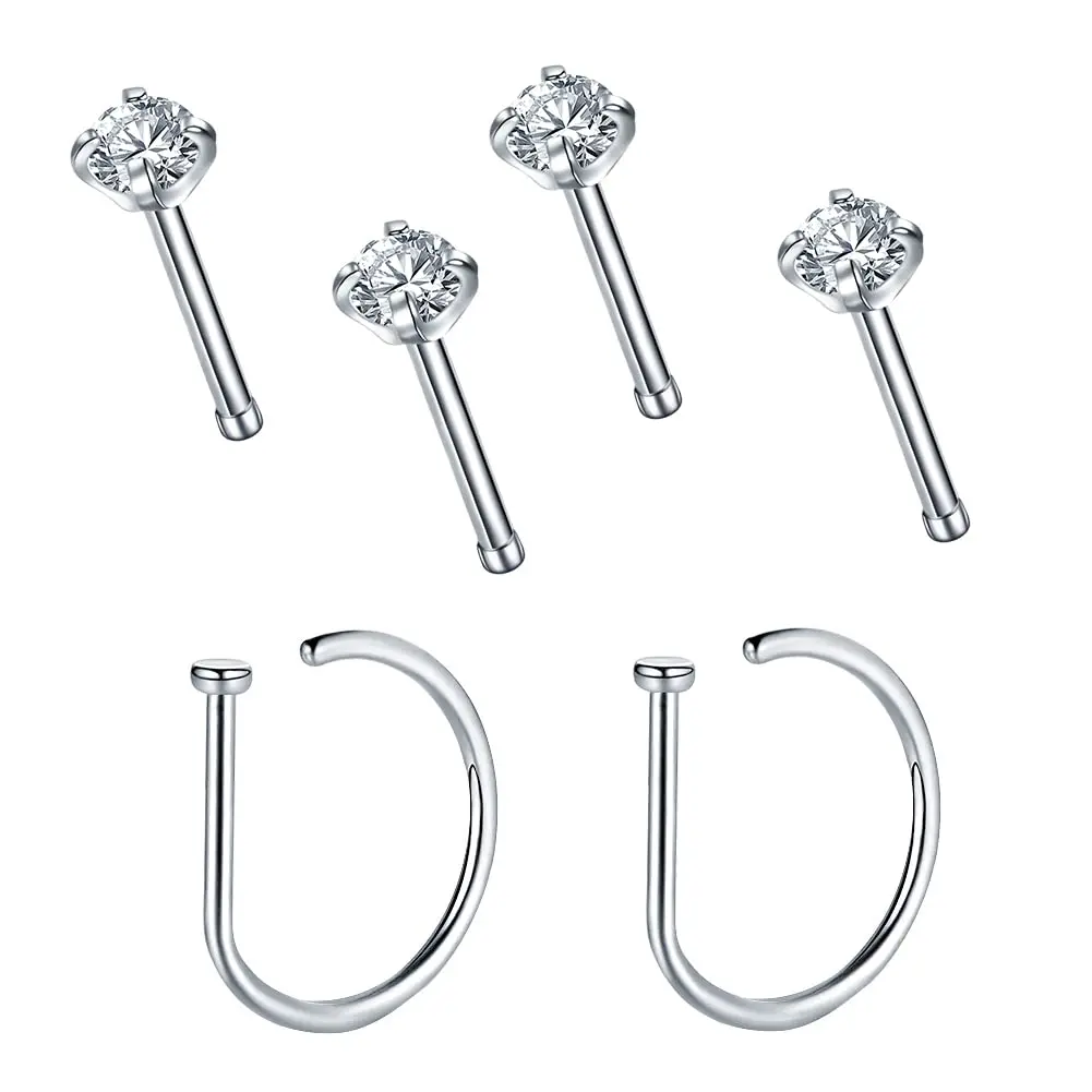 6Pcs Set 20G 8mm 10mm Nose Rings Hoops Straight Shaped Rod Screw Nose Studs 1.5-3mm Cubic Zircon Piercing Jewelry for Women Men