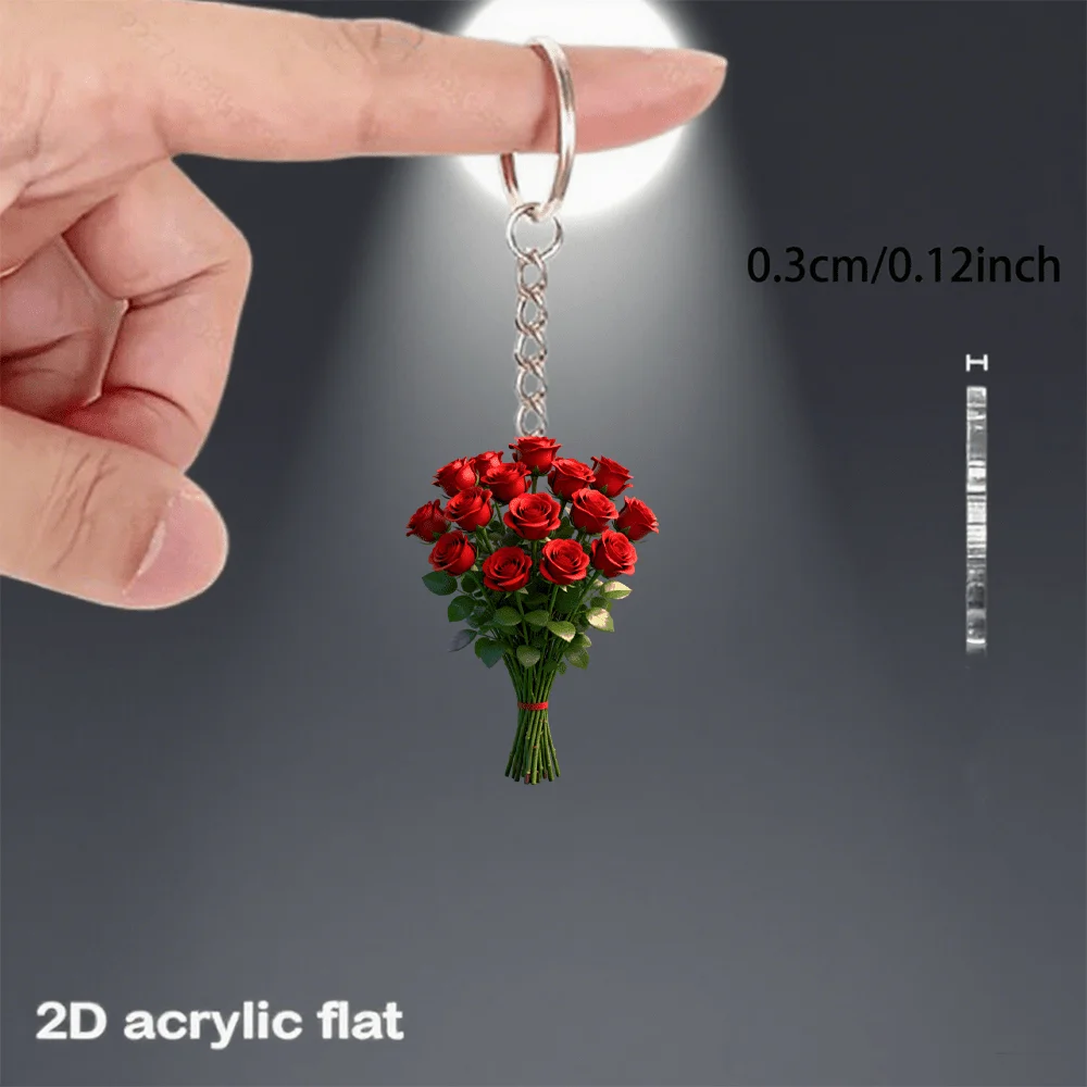 3pcs Charming 2D Acrylic Red Rose Keychain –Acrylic Flower Keychain Featuring a Lifelike Blooming Rose,Car Keys – Floral Keyring