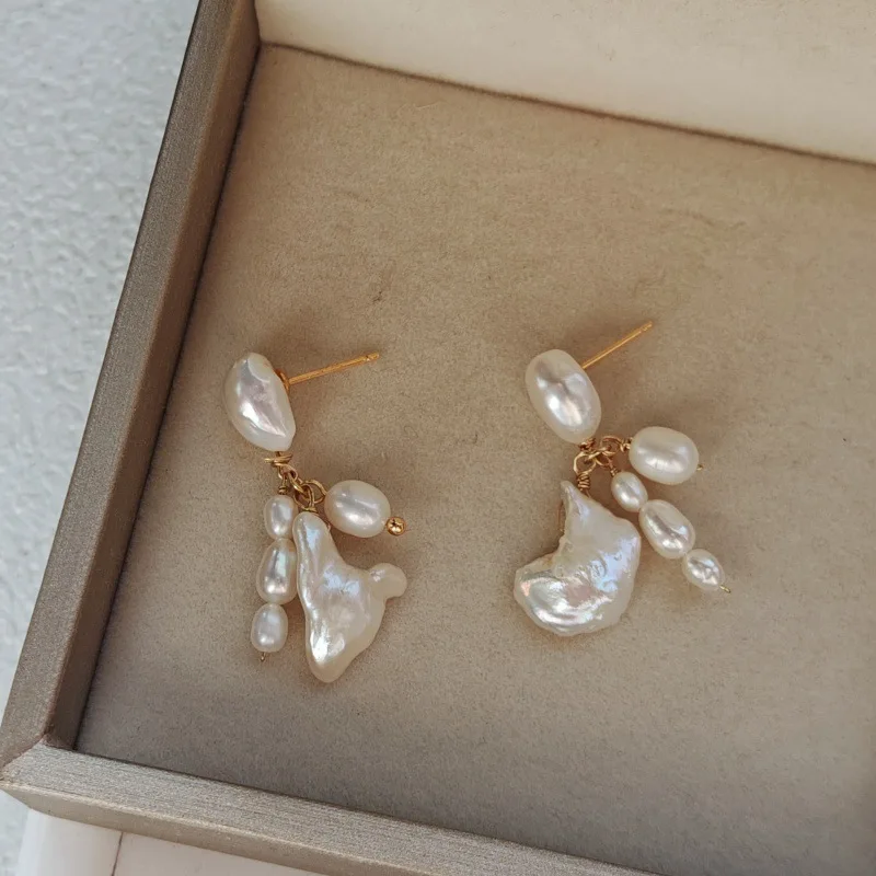 New Handmade Irregular Baroque Pearl Cluster Earrings, Multi-Shape Natural Freshwater Pearl Asymmetric Drop Statement Earrings