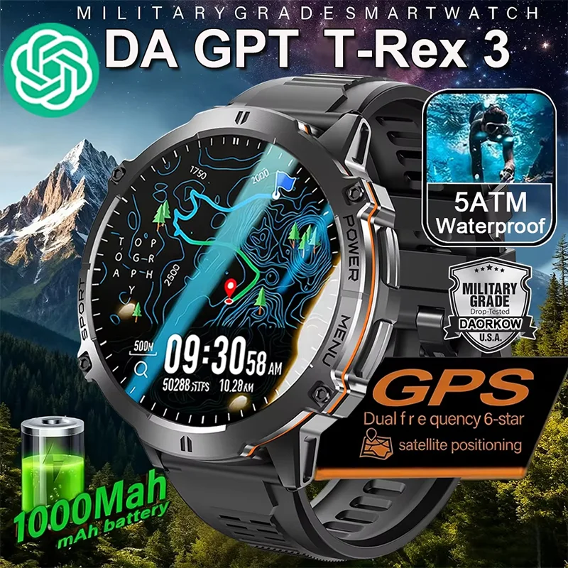

2025 военные GPS-часы 5ATM, водонепроницаемые, оригинальный дизайн, мужские Bluetooth-мониторы для звонков, монитор здоровья, аккумулятор 1000 мАч для Android IOS
