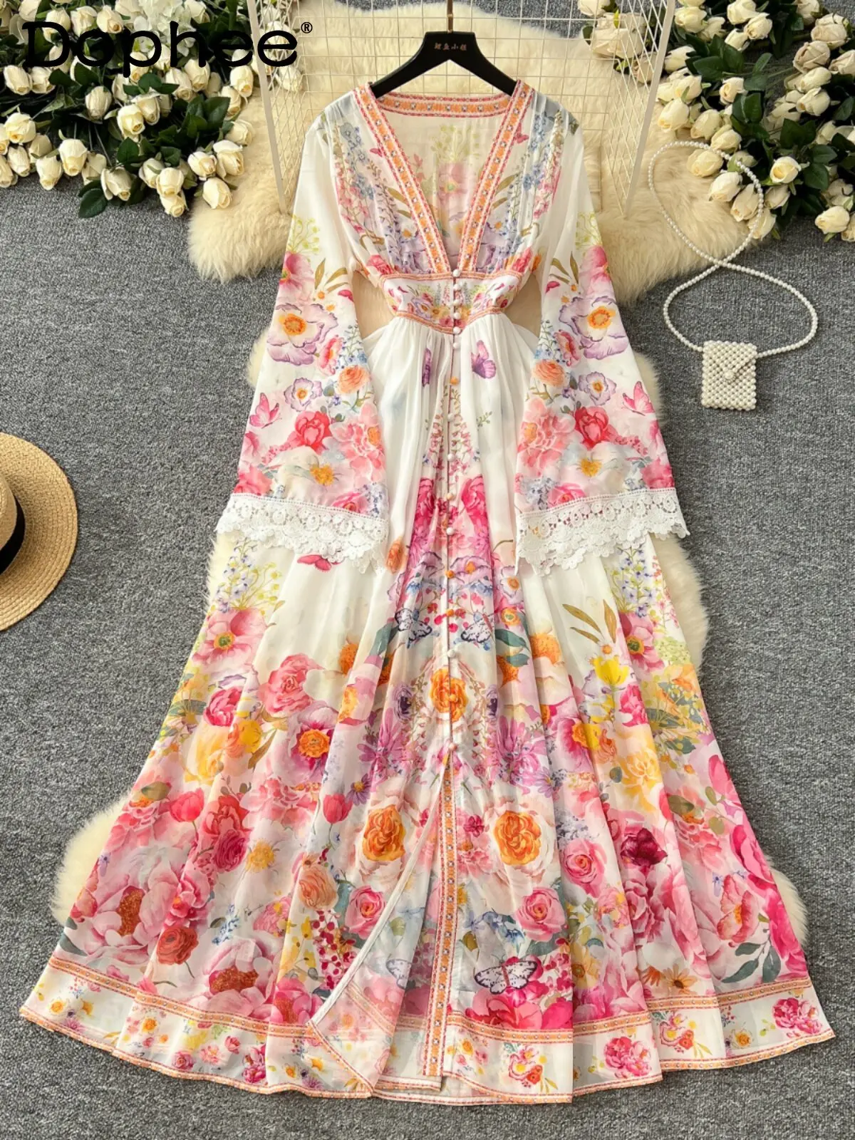 

2026 Spring New Palace Style Women's V-neck Dress European American Print Fashionable Commuting Versatile Women's Long Dress