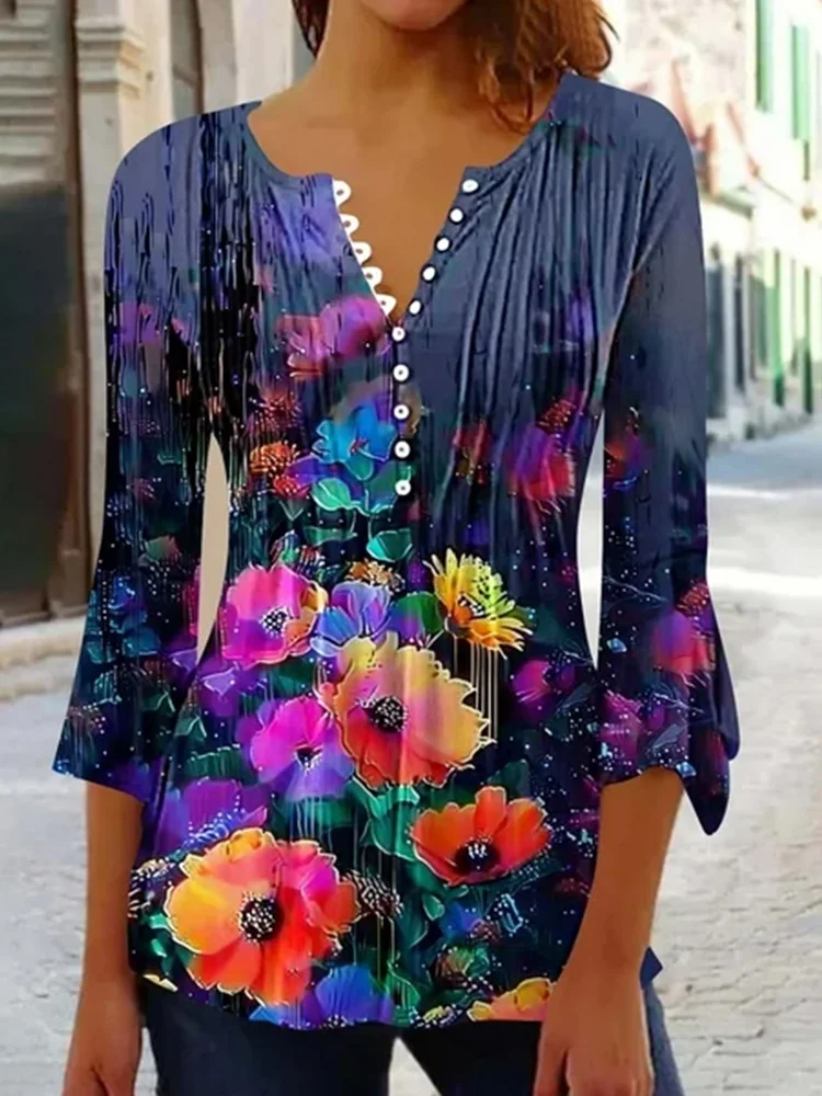 

Женский топ с круглым вырезом на пуговицах и красочным цветочным 3D-принтом, универсальный топ в городской уличной моде, для похудения и с завязкой на талии