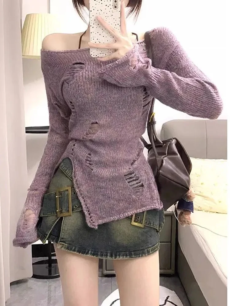 

Hollow Out Sweet Knitted Sweaters Women Fall Long Sleeve Slim Fit Aesthetic Pullovers Japanese Split Solid Fashion Gentle Tops