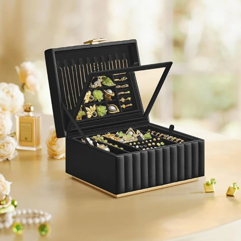 Luxurious Two Level Jewelry Storage Case Unique Two Layer Jewelry Box with Mirror and Removable Compartments for Women