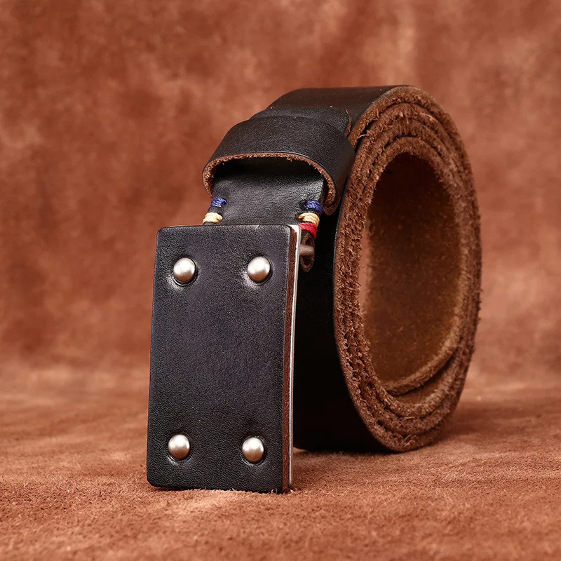 Men's belt retro all match personality trend thick extra thick head layer cowhide smooth buckle belt men's leather belt