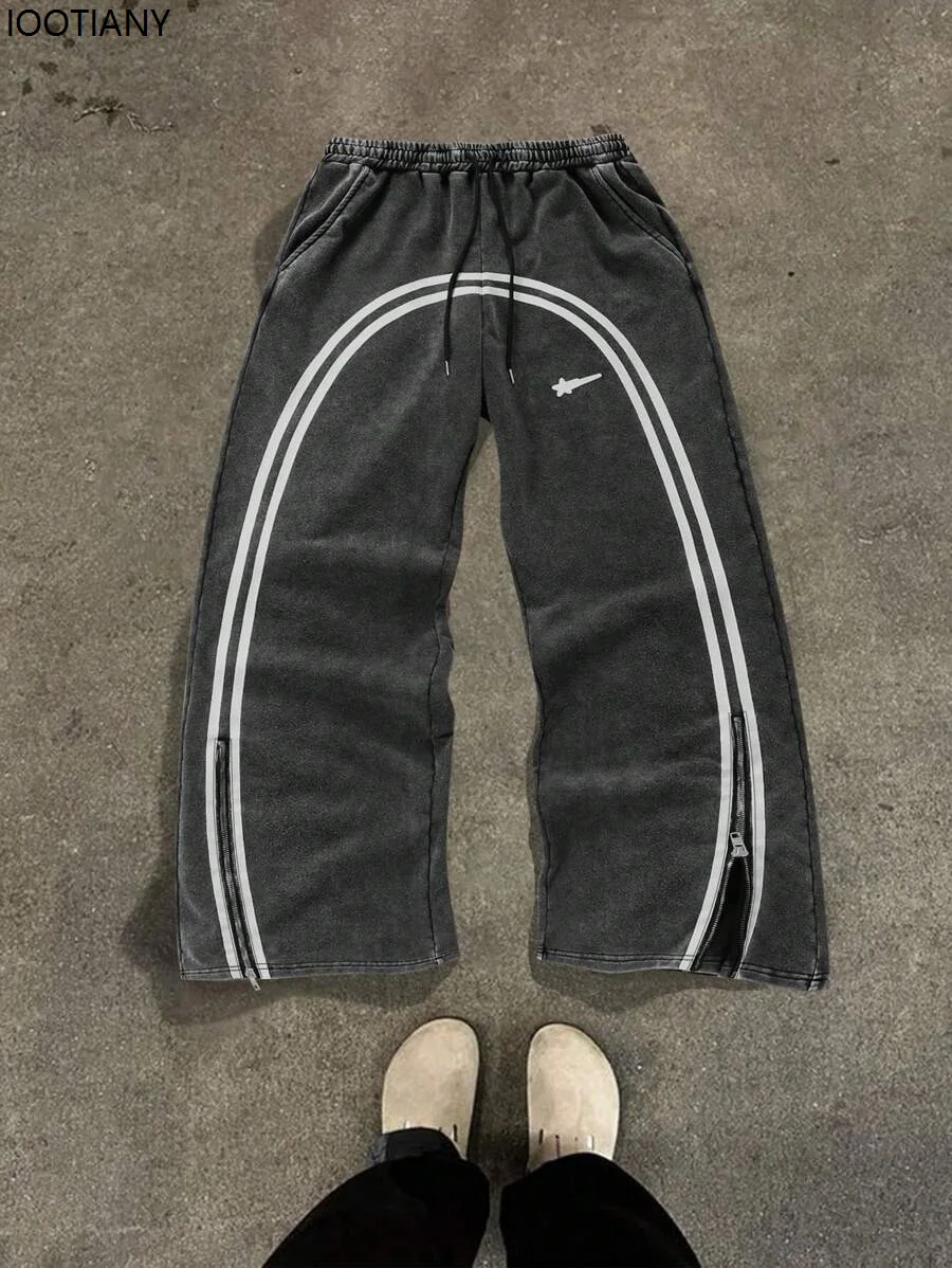 American New Trend Striped Side Zipper Design Elastic Waist Wide-Leg Pants Men's Y2K Harajuku Hip-Hop Joker Casual Sweatpants