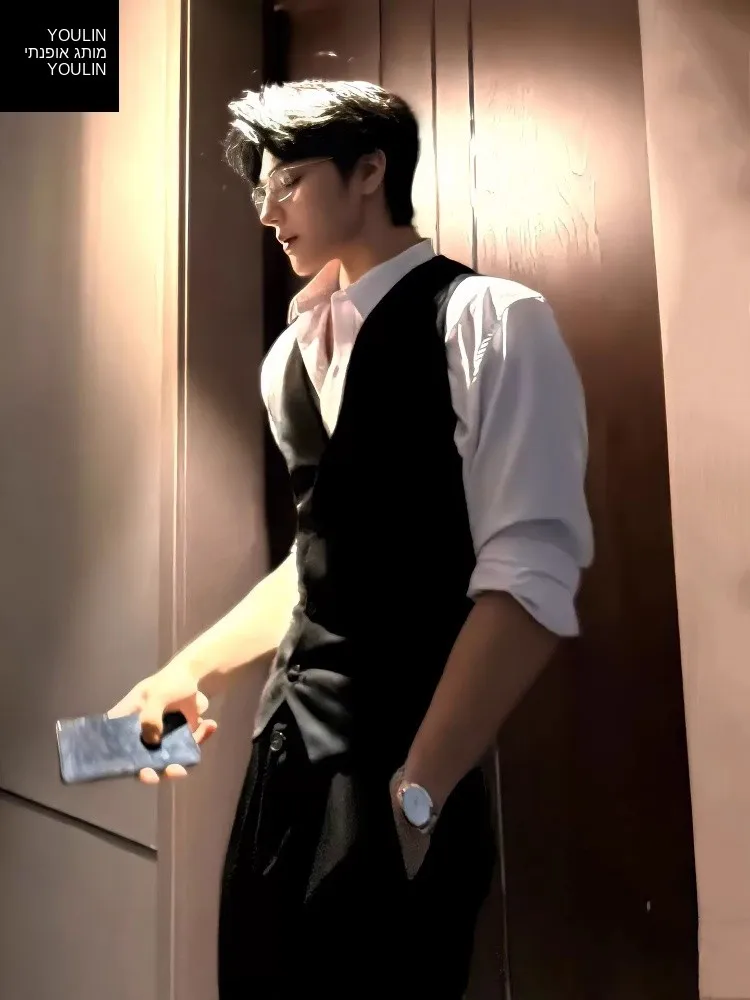 Black Suit Jacket And Vest Set Men's High-End Feeling Cool Layered Sleeveless Inner Wear Tank Top with Shirt Two-Piece Set