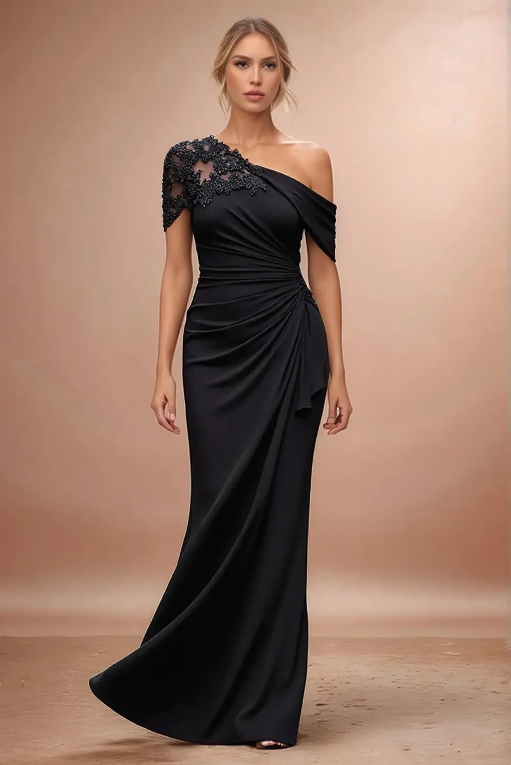 

Mother of The Bride Dress Chiffon Lace Applique Mermaid Formal Wedding Guest Dress with One Shoulder