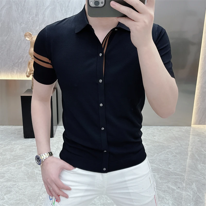 2024 Summer Stripe Knitted T-shirt for Men Polo Collar Ice Silk Short Sleeve T-shirt Men\'s Casual Business Knitwear Tee Tops