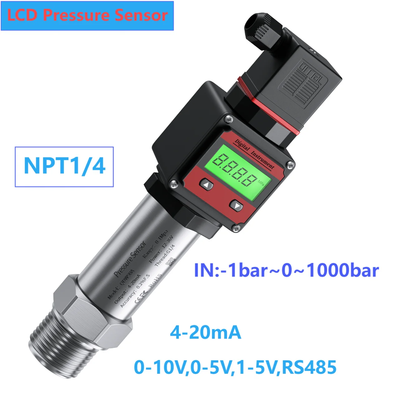 NPT1/4 Pressure Sensor Transmitter 0-200bar to 0-10V 0-5V Pressure Gauge Digital Display 4-20mA RS485 150bar 500bar 600bar