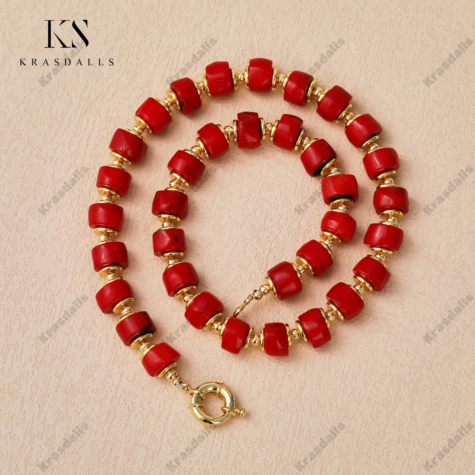 Drum-Shaped Red Coral Necklace with Vintage Style Gold Copper Plated Fashionable Statement Jewelry for Parties Gifts