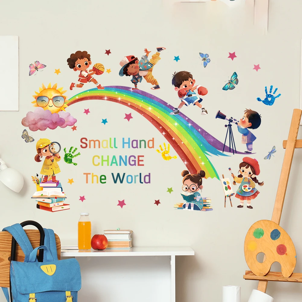 Children On A Cartoon Rainbow Wall Sticker Suitable For Baby Nurseries Children's Rooms And Home   Decorative Ar.t Decals