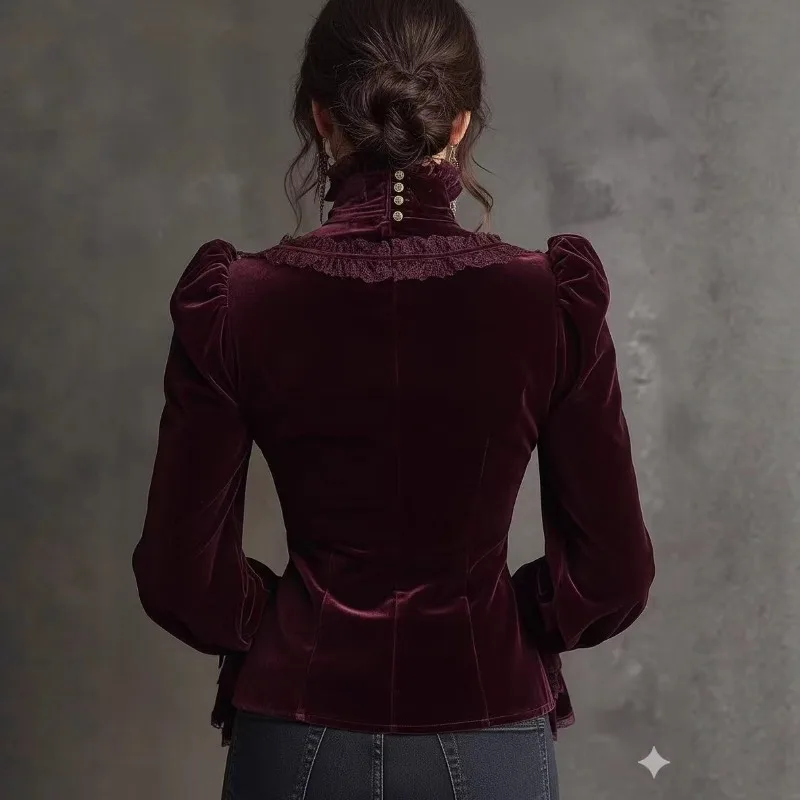 Retro elegant slim fit pleated button up shirt top, winter gold velvet lace patch high neck women's shirt