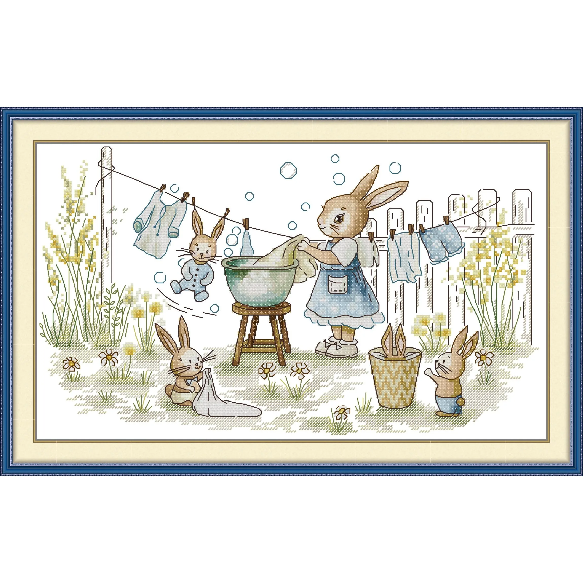 News Pre-Printed Cross Stitch Kit, Stamped Aida Fabric With DMC Threads, Embroidery Kit - The Hardworking Rabbit Family