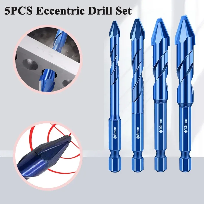 5PCS Eccentric Drill Set Super High Hardness Precision Porcelain Glass Tile Ceramic Punching Rock Slab Triangle Drill for Punch