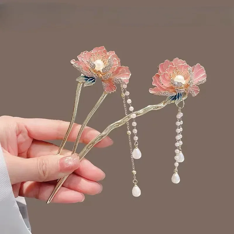 

Chinese Sweet Vintage Peony Flower Tassels U Shape Hair Stick for Women Girl Elegant Hair Fork Cheongsam Hanfu Hair Accessory