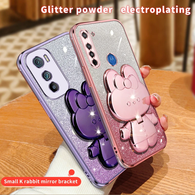 edge20 Glitter Rabbit Makeup Mirror Holder Case For Motorola Moto Edge G8 G9 Play 20 30 Plus Soft Cover E7 E6S E22 E32 E13 G 8 9