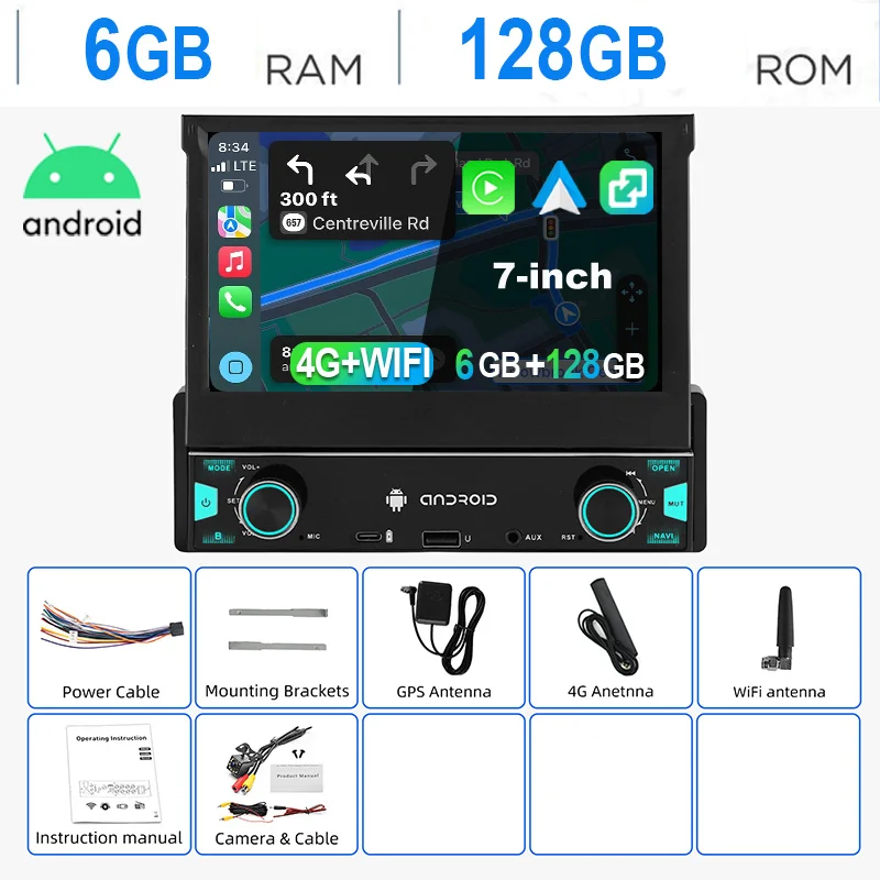 ESSGOO Autoradio Android15 7" 6+128 GB 1 DIN Handmatig Intrekbaar Uitklapbaar Aanraakscherm 4G LTE Draadloze CarPlay Android Auto RDS Equalizer GPS Navigatie WiFi Bluetooth FM AM Mirror Link
