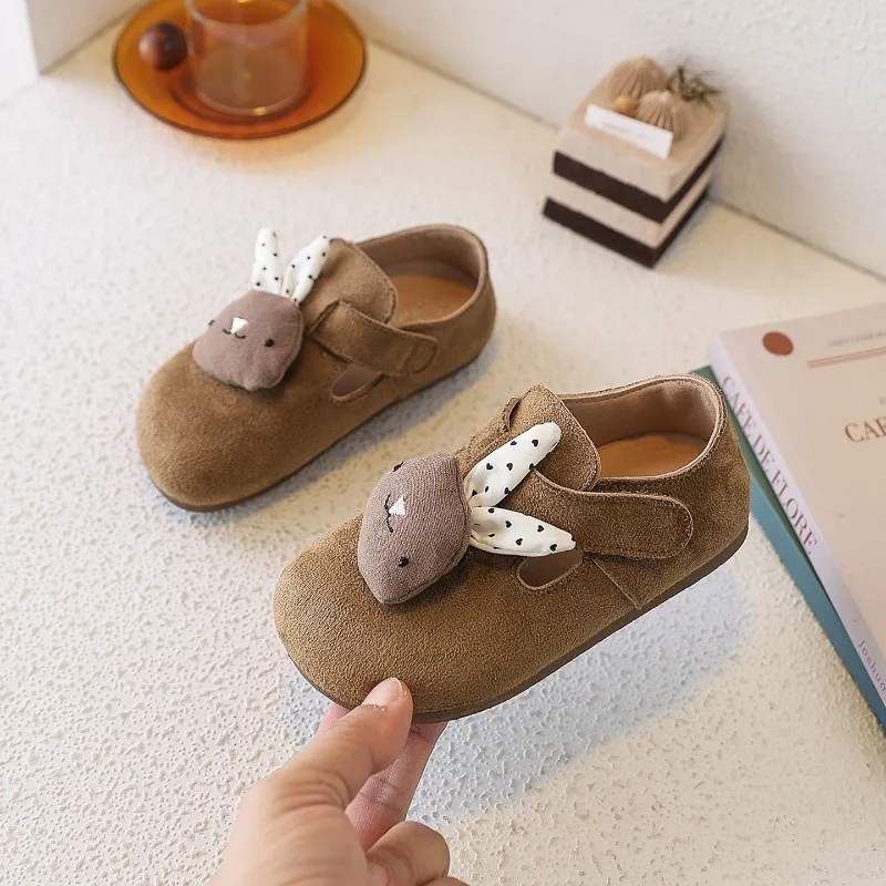 Outdoor Girls Dress Flat Shoes Cute Rabbit Plush Decor Kids School Uniform Shoes Wedding Party Non-slip Children Leather Shoes