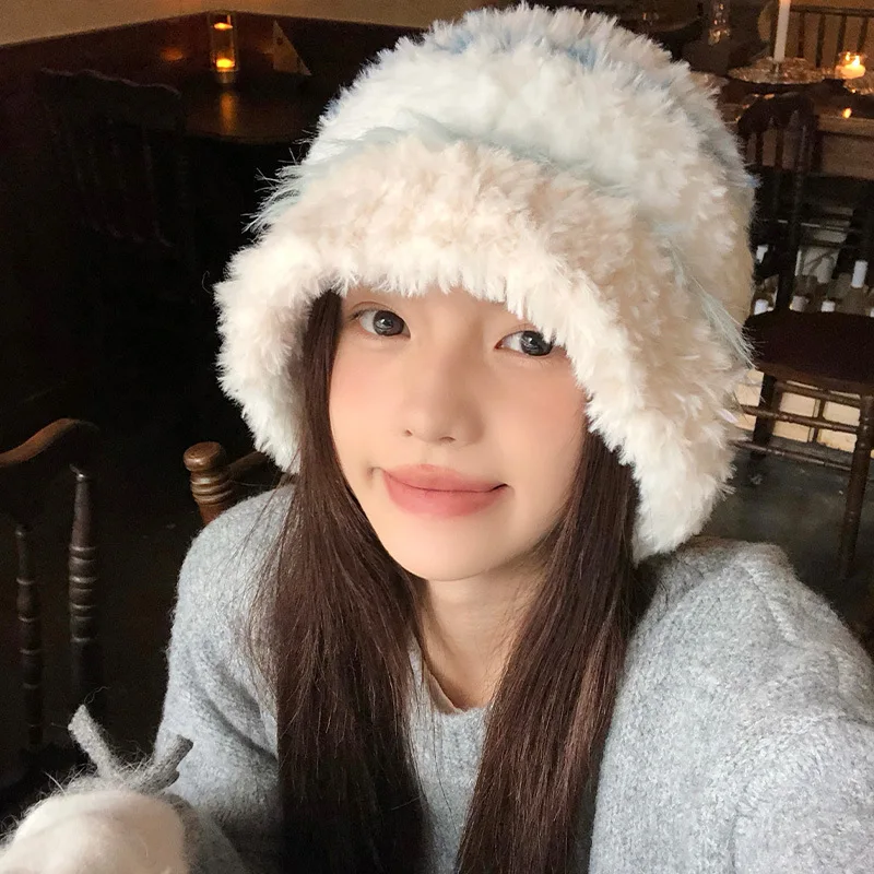 Large Head Circumference Bucket Hat for Women - Fall Winter Korean-Inspired Fuzzy Face-Flattering Warm Ear Flap Knitted Hat