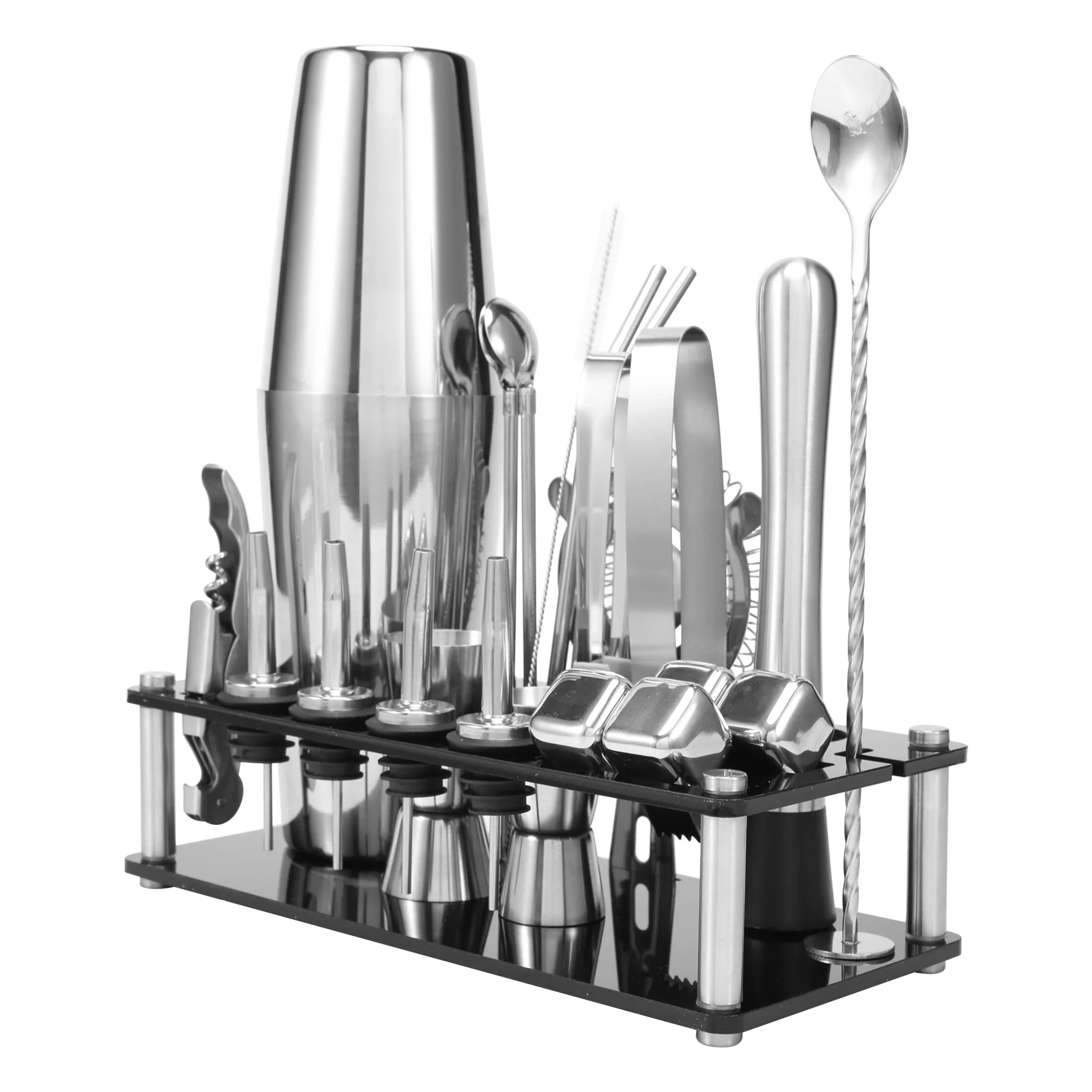 Cocktail Shaker Set, Boston Stainless Steel Bartender Kit with Acrylic Stand & Cocktail Recipes Booklet