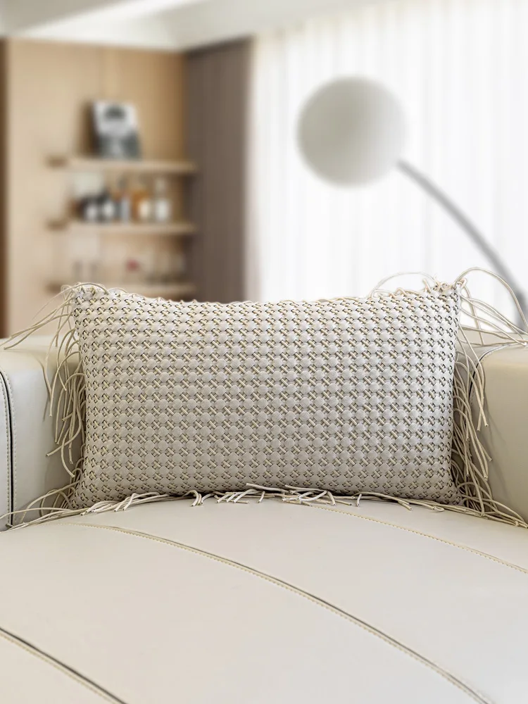 

Современная простая бежевая плетеная подушка с кисточками для дивана, мягкая декоративная прямоугольная подушка с наполнителем из полиэфирного волокна