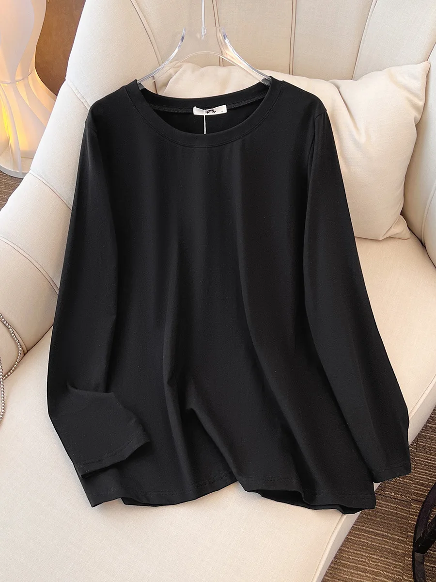 150Kg Plus Size Women's Bust 153 Summer Long Sleeved Round Neck Shoulder T-Shirt Bottom Shirt Black White 5XL 6XL 7XL 8XL 9XL