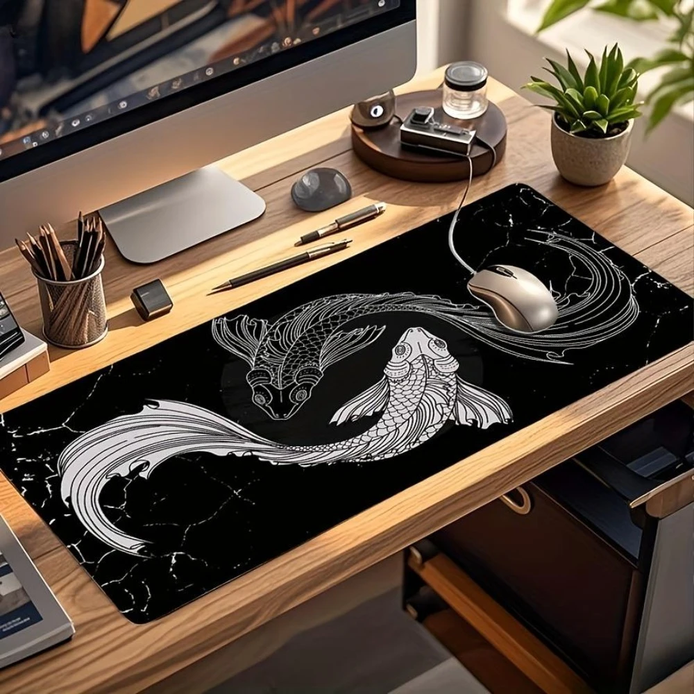 Tapis de bureau grand format à motif carpe noir et blanc, accessoires de bureau, alfombrillas para escritorio, tapis de souris