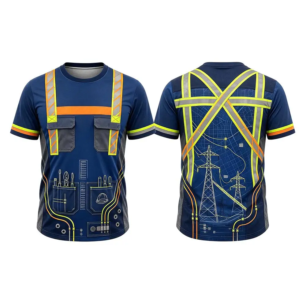 2026 New Electrician Construction Worker Safety Work T Shirts Summer Casual 3D Printed Crew Neck Tees Fashion Outdoor Tops
