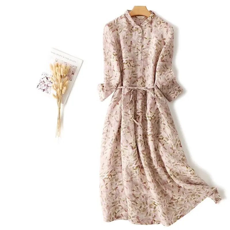 Early Autumn New Women's Long Sve Cotton Linen Floral Print Waist Cinched Dr with Belt Commute Sle Midi Skirt Dr
